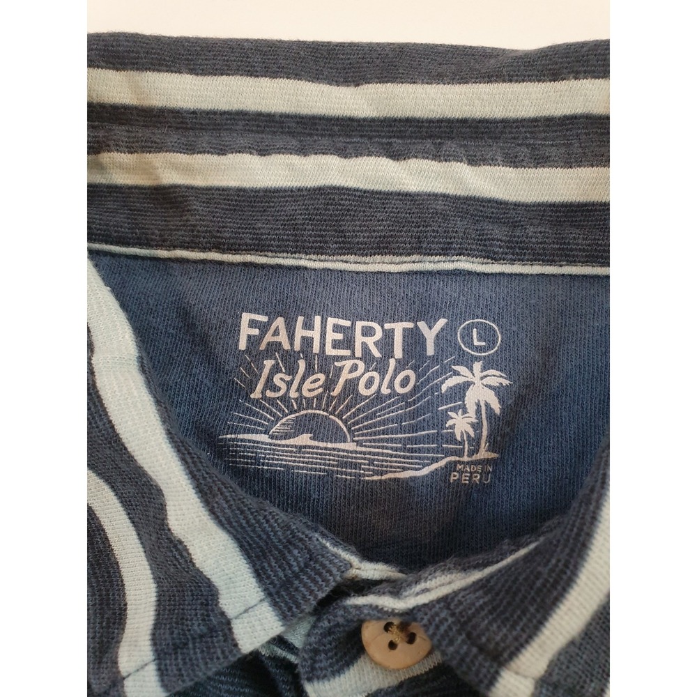 Faherty Polo Shirt Mens Large Blue White Stripe Isle Polo Short Sleeve Cotton - Picture 2 of 13